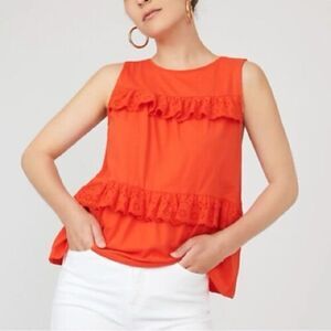 J. Crew Bright Orange Sleeveless Eyelet Ruffle Blouse Size XXS- 🍊cute
